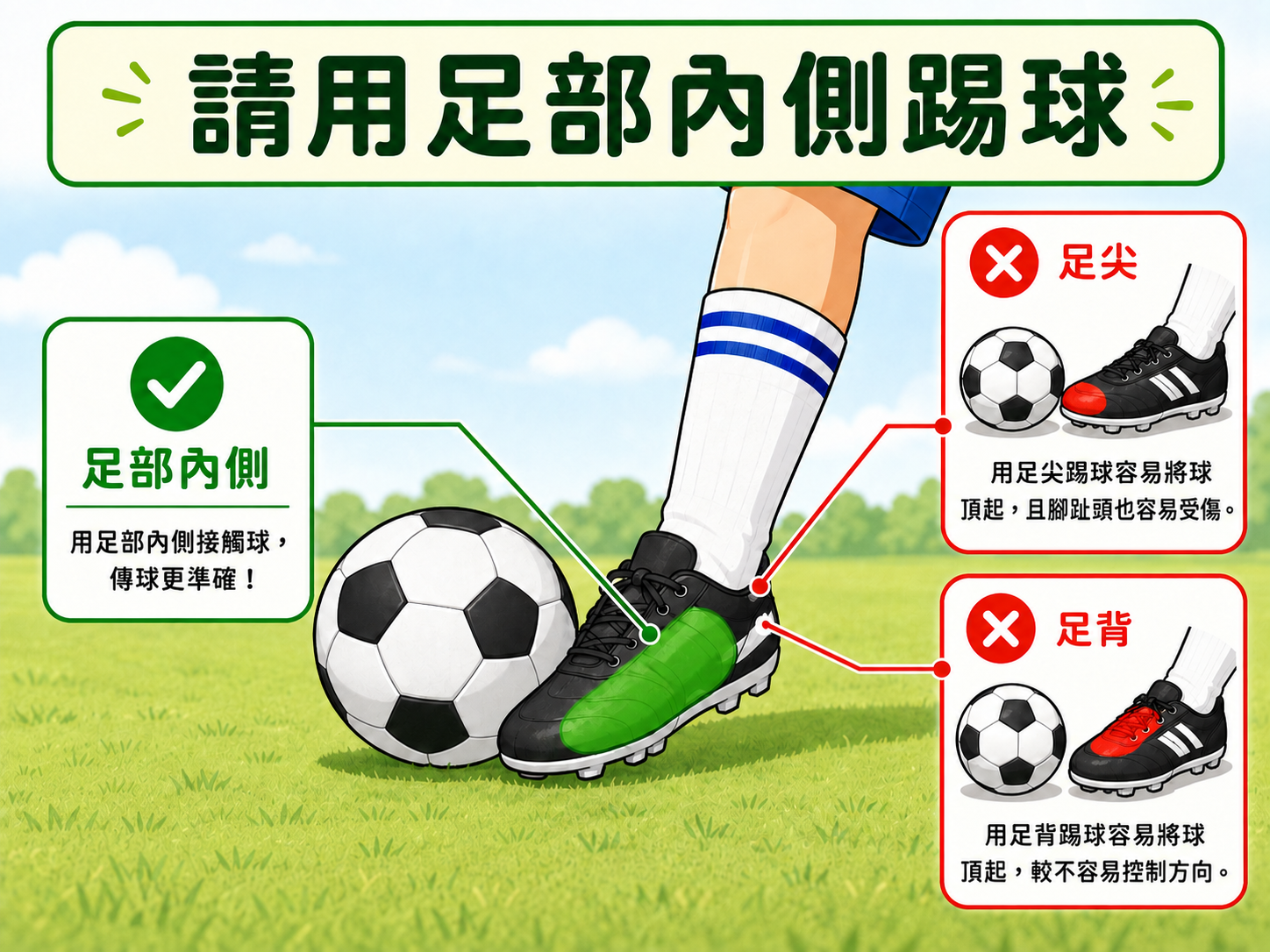 請用足部內側踢球：足尖容易頂球且腳趾易受傷，足背容易頂球且較難控制方向